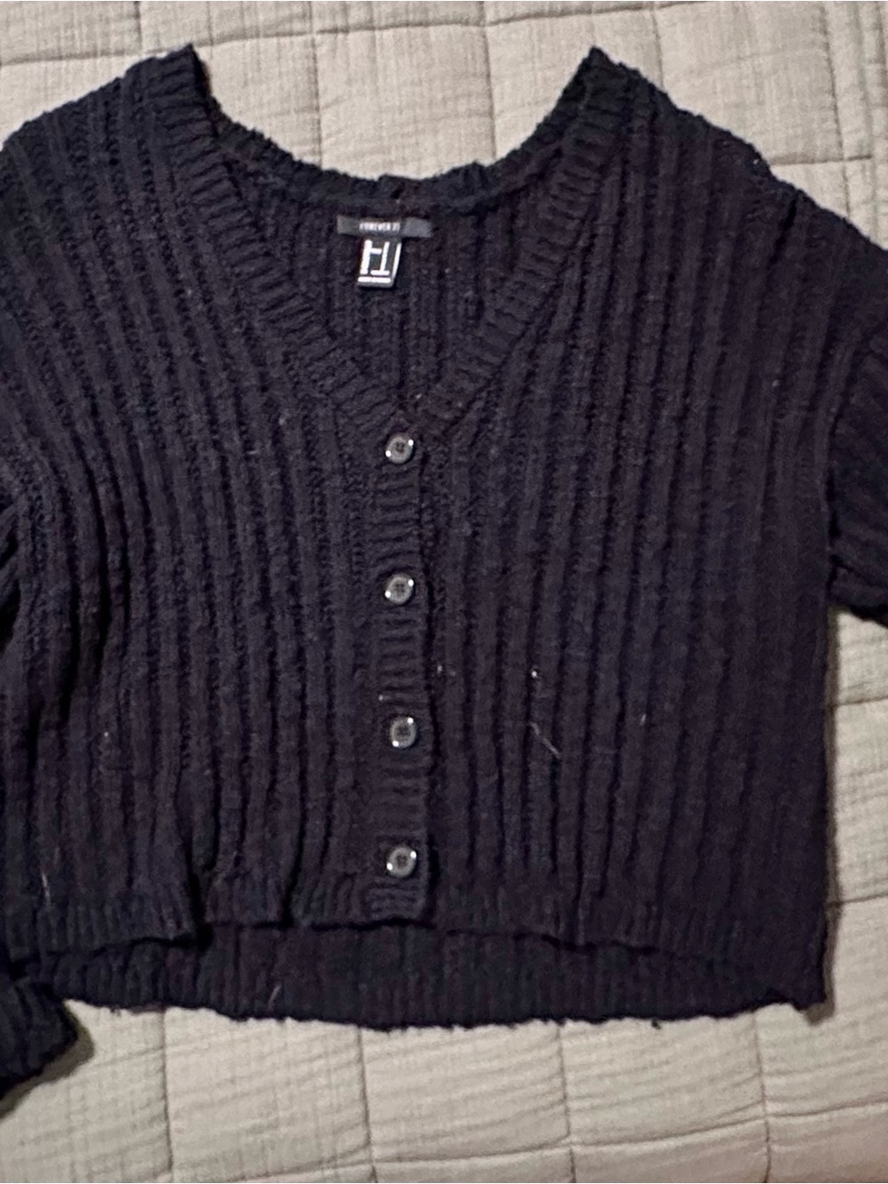 Forever 21 Black Ribbed Cropped Button Cardigan